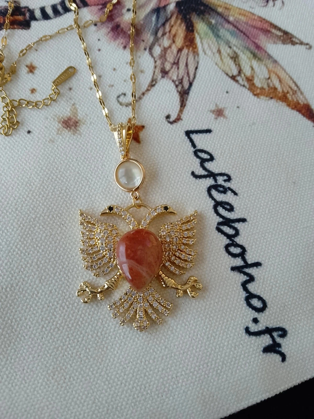 Collier pendentif aigle double pierres du soleil et de n'acre